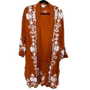 Chicos Kimono Matching Shirt Sm/Medium Rust Ivory Applique Jacket Ruana Jacket